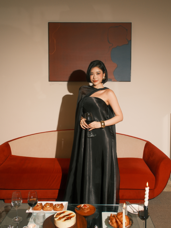 Black strapless satin maxi dress