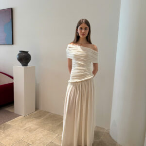 Ivory off-shoulder draped