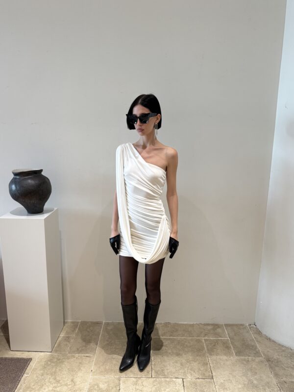 One-shoulder draped mini dress