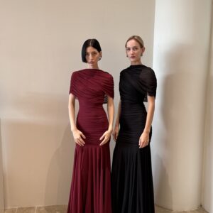 Red one-shoulder gown