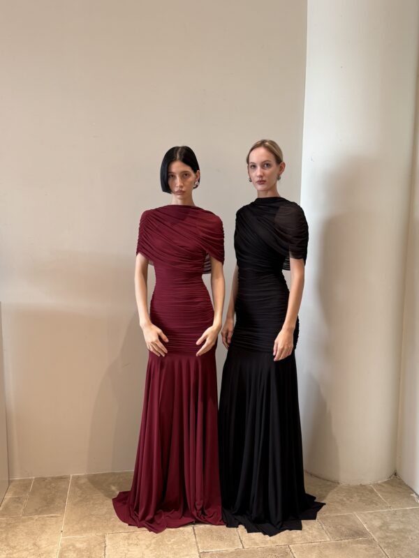 Red one-shoulder gown